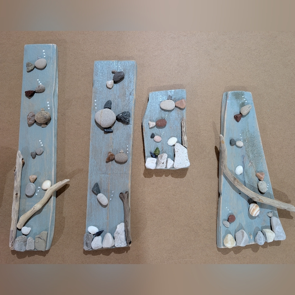 Up Cycled Handmade Coastal Driftwood Wall Art Set in Light Blue